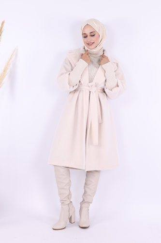 Bel Kuşaklı Yaka Taş Broş Detaylı Kaban 7874 Taş - Bym Fashion (1)