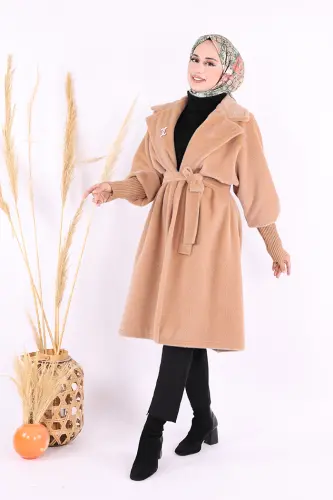 Bel Kuşaklı Yaka Taş Broş Detaylı Kaban 7874 Vizon - Bym Fashion (1)