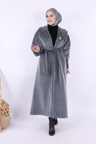 Bel Kuşaklı Yaka Taş Broş Detaylı Uzun Kaban 7923 Gri - Bym Fashion (1)