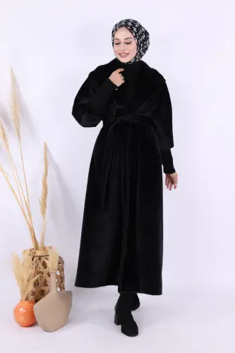 Bel Kuşaklı Yaka Taş Broş Detaylı Uzun Kaban 7923 Siyah - Bym Fashion (1)