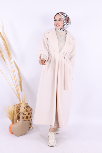 Bel Kuşaklı Yaka Taş Broş Detaylı Uzun Kaban 7923 Taş - Bym Fashion (1)