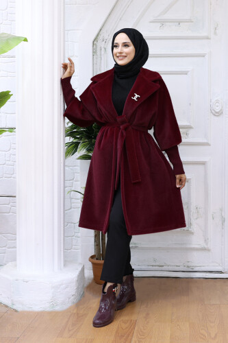 Bel Kuşaklı Yaka Taş Broş Detaylı Kaban 7874 Bordo - Bym Fashion