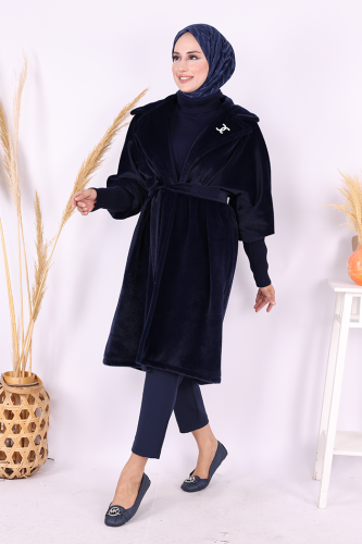 Bel Kuşaklı Yaka Taş Broş Detaylı Kaban 7874 Lacivert - Bym Fashion