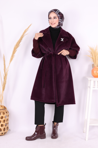 Bel Kuşaklı Yaka Taş Broş Detaylı Kaban 7874 Mor - Bym Fashion