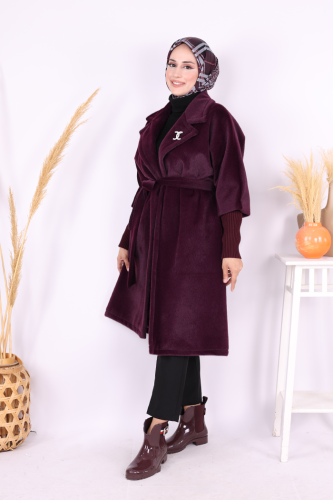 Bel Kuşaklı Yaka Taş Broş Detaylı Kaban 7874 Mor - Bym Fashion (1)