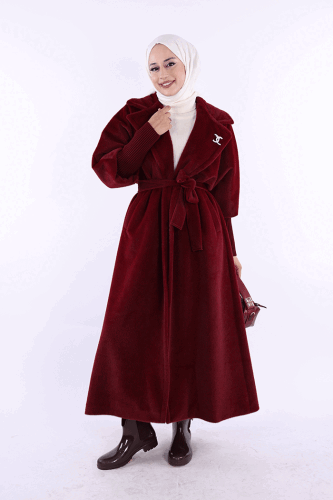 Bel Kuşaklı Yaka Taş Broş Detaylı Uzun Kaban 7923 Bordo - 1