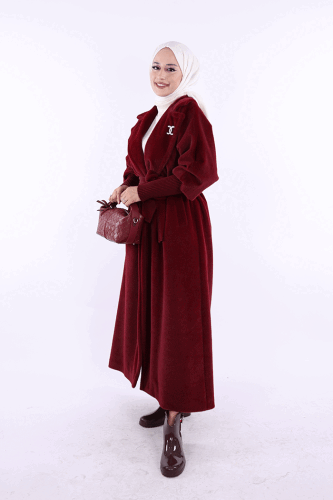 Bel Kuşaklı Yaka Taş Broş Detaylı Uzun Kaban 7923 Bordo - 3