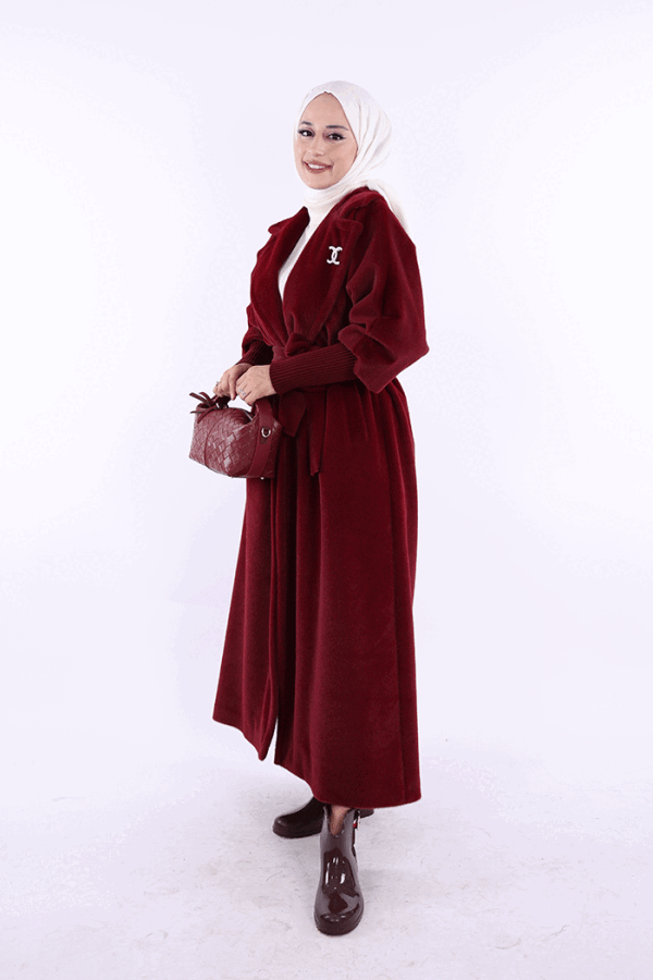 Bel Kuşaklı Yaka Taş Broş Detaylı Uzun Kaban 7923 Bordo - 3