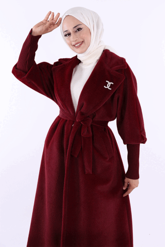 Bel Kuşaklı Yaka Taş Broş Detaylı Uzun Kaban 7923 Bordo - 4