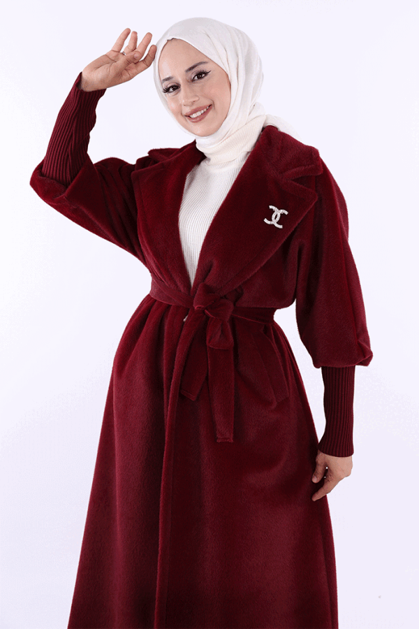 Bel Kuşaklı Yaka Taş Broş Detaylı Uzun Kaban 7923 Bordo - 4