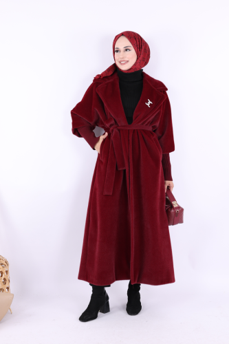 Bel Kuşaklı Yaka Taş Broş Detaylı Uzun Kaban 7923 Bordo - 1