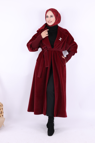 Bel Kuşaklı Yaka Taş Broş Detaylı Uzun Kaban 7923 Bordo - 2