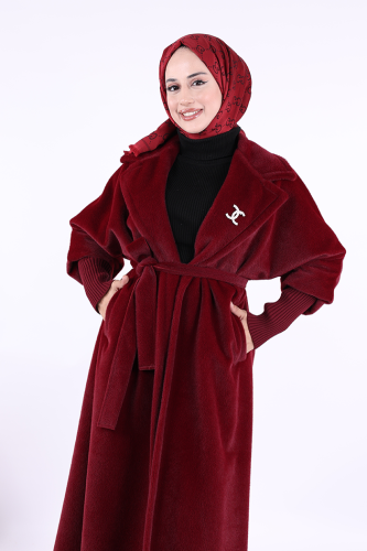 Bel Kuşaklı Yaka Taş Broş Detaylı Uzun Kaban 7923 Bordo - 5