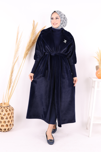 Bel Kuşaklı Yaka Taş Broş Detaylı Uzun Kaban 7923 Lacivert - Bym Fashion (1)