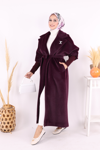 Bel Kuşaklı Yaka Taş Broş Detaylı Uzun Kaban 7923 Mor - Bym Fashion (1)