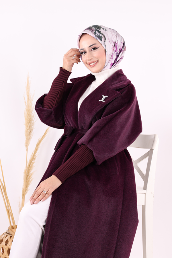 Bel Kuşaklı Yaka Taş Broş Detaylı Uzun Kaban 7923 Mor - 4