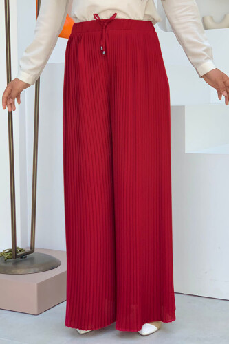 Bel Lastikli Bağcık Görünümlü Piliseli Pantolon 0129 Bordo - Bym Fashion