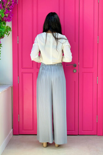 Bel Lastikli Bağcık Görünümlü Piliseli Pantolon 0129 Gri - Bym Fashion (1)