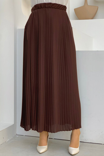 Elastic Waist Pleated Lined Chiffon Skirt 1152 Brown - Bym Fashion
