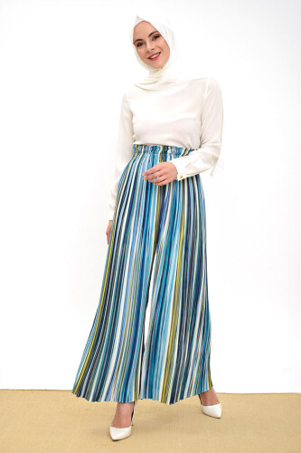 Bel Lastikli Renkli Çizgi Desenli Pantolon 0204 Mint - Bym Fashion (1)
