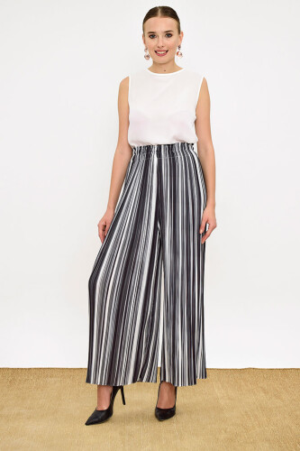 Bel Lastikli Renkli Çizgi Desenli Pantolon 0204 Siyah - Bym Fashion (1)