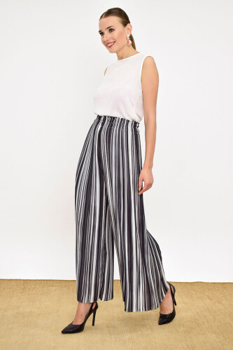 Bel Lastikli Renkli Çizgi Desenli Pantolon 0204 Siyah - 3