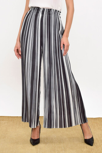 Elastic Waist Color Line Pattern Trousers 0204 Black - Bym Fashion