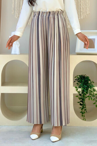 Elastic Waist Color Line Pattern Trousers 0204 Stone - Bym Fashion