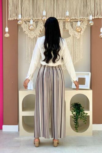 Elastic Waist Color Line Pattern Trousers 0204 Stone - Bym Fashion (1)