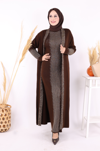 Belli Kısımları Simli Tam Boy Elbise Hırka 2'li Triko Takım 22223 Kahverengi - Bym Fashion