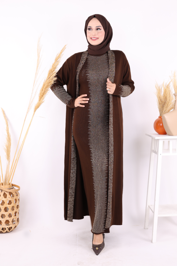 Belli Kısımları Simli Tam Boy Elbise Hırka 2'li Triko Takım 22223 Kahverengi - 1