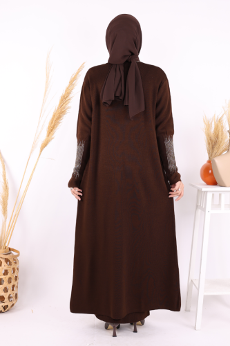 Belli Kısımları Simli Tam Boy Elbise Hırka 2'li Triko Takım 22223 Kahverengi - 3