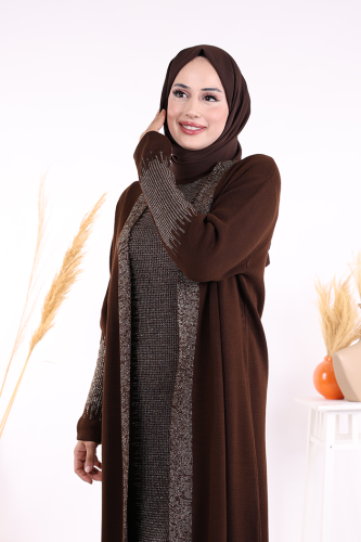 Belli Kısımları Simli Tam Boy Elbise Hırka 2'li Triko Takım 22223 Kahverengi - 4