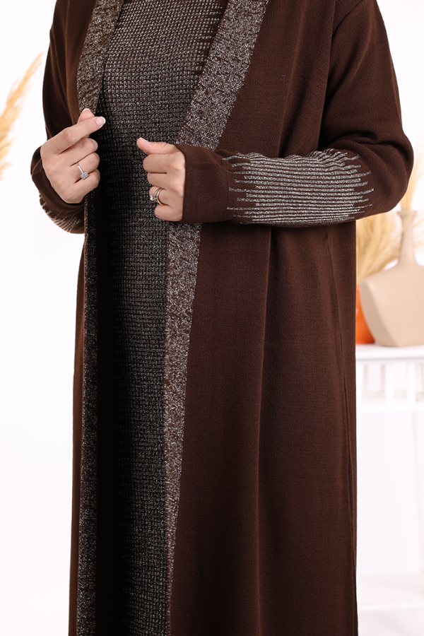 Belli Kısımları Simli Tam Boy Elbise Hırka 2'li Triko Takım 22223 Kahverengi - 5