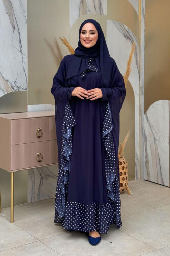 Benekli Yaka Detay Şifon Pelerinli Elbise Takım 3643 Lacivert - Bym Fashion (1)