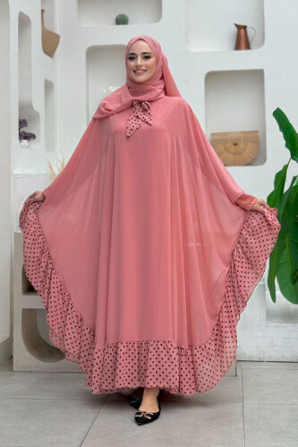 Spotted Collar Detail Chiffon Cloak Dress Suit 3643 Powder - Bym Fashion