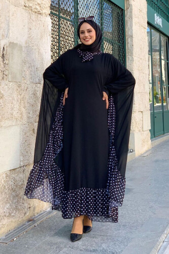 Spotted Collar Detail Chiffon Cloak Dress Suit 3643 Black - Bym Fashion