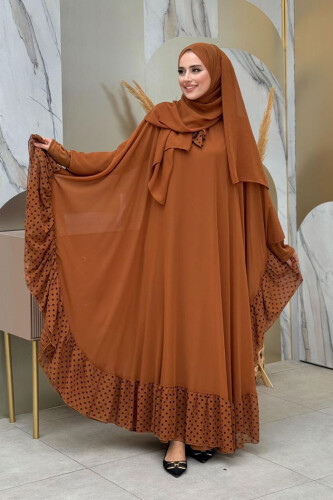 Spotted Collar Detail Chiffon Cloak Dress Suit 3643 Tan - Bym Fashion