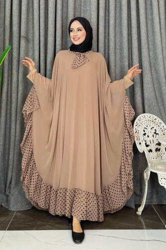 Spotted Collar Detail Chiffon Cloak Dress Suit 3643 Mink - Bym Fashion