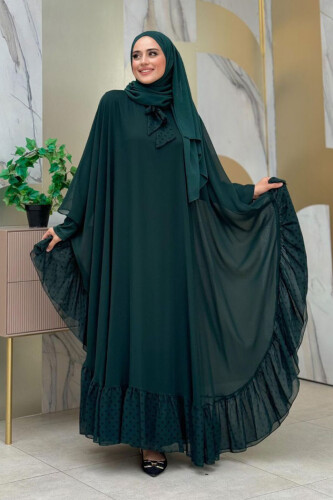 Spotted Collar Detail Chiffon Cloak Dress Suit 3643 Emerald - Bym Fashion