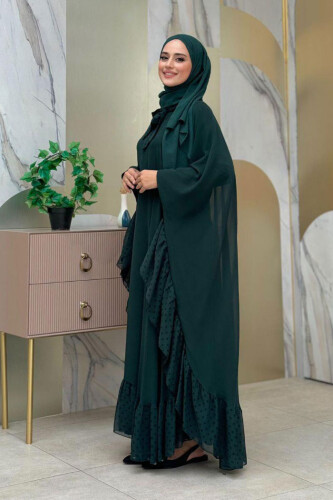 Spotted Collar Detail Chiffon Cloak Dress Suit 3643 Emerald - Bym Fashion (1)