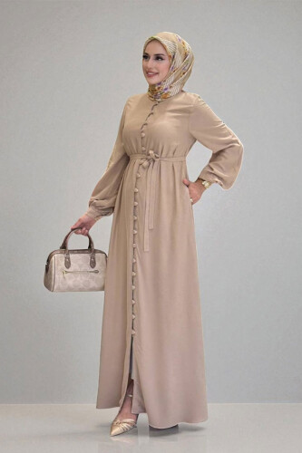 Birit Detaylı Düğmeli Ferace 6043 Vizon - Bym Fashion (1)