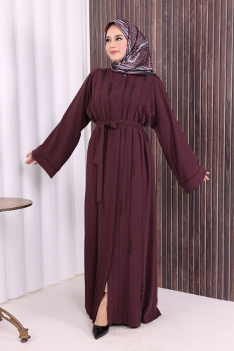 Boncuk İşlemeli Tam Boy Ferace 7894 Bordo - 5