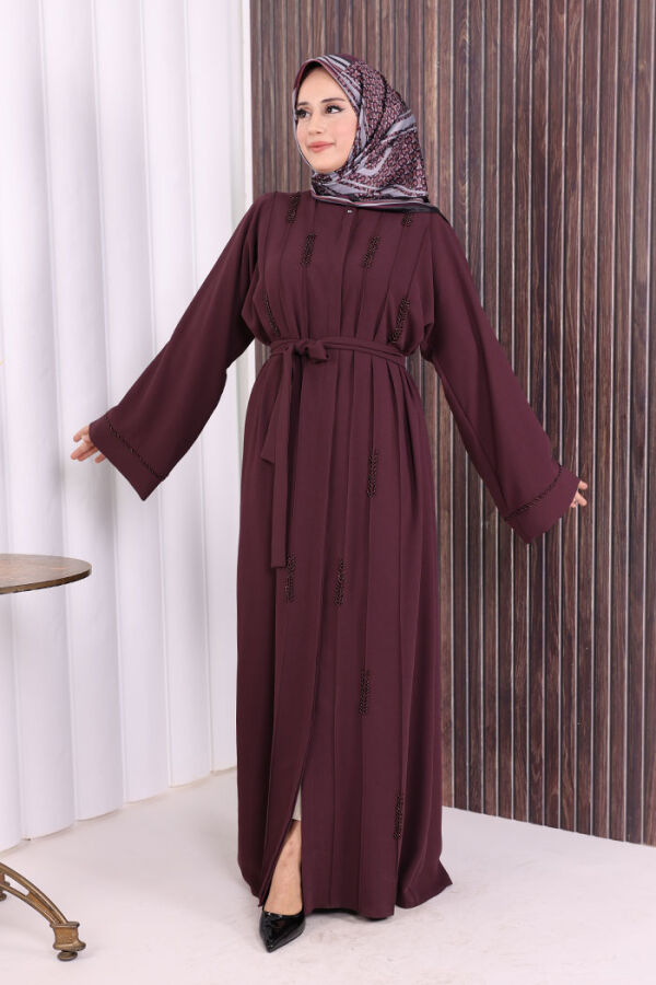 Boncuk İşlemeli Tam Boy Ferace 7894 Bordo - 5