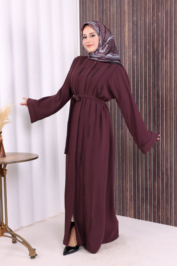 Boncuk İşlemeli Tam Boy Ferace 7894 Bordo - 6