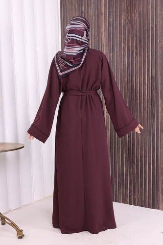 Boncuk İşlemeli Tam Boy Ferace 7894 Bordo - 7