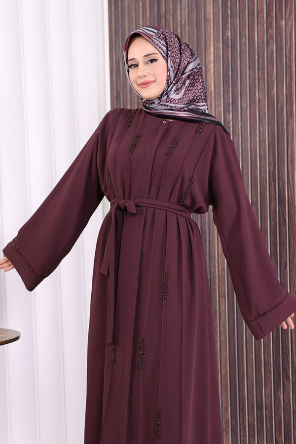 Boncuk İşlemeli Tam Boy Ferace 7894 Bordo - 8