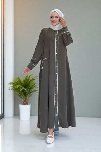 Boydan Düğmeli Ferace Elbise 3975 Haki - Bym Fashion