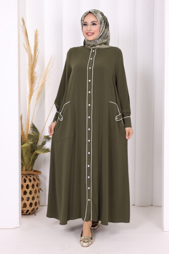 Boydan Düğmeli Ferace Elbise 3975 Haki - 5