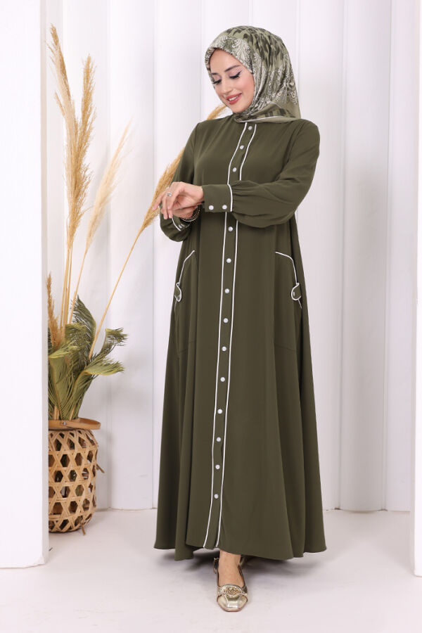 Boydan Düğmeli Ferace Elbise 3975 Haki - 6